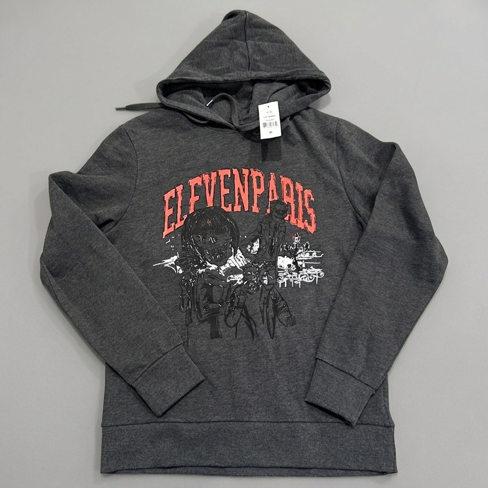 Eleven Paris Hoodie Mens Medium Charcoal Red Illustrated Graphic Sweatshirt NWT
